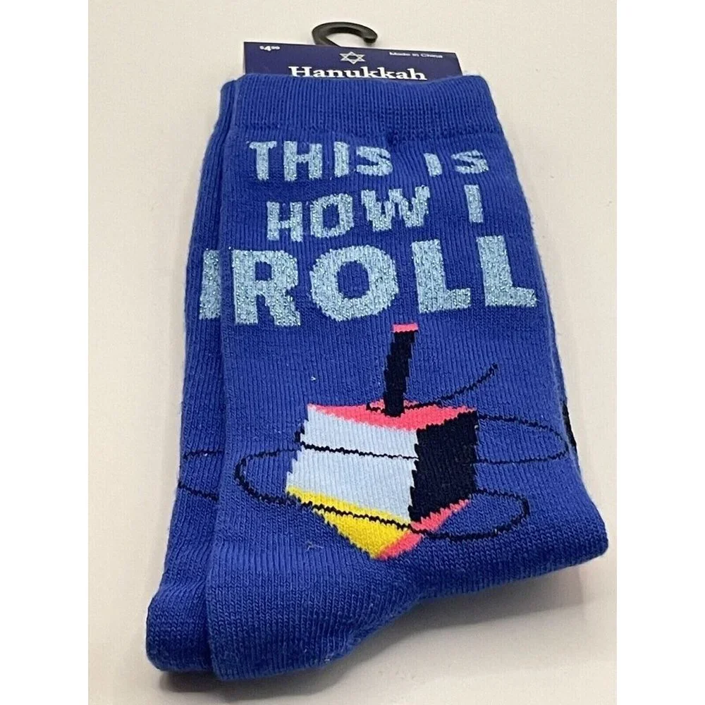 Happy Hanukkah Adult Crew Socks Dreidel Jewish Holiday Gift size 4 10 How I roll